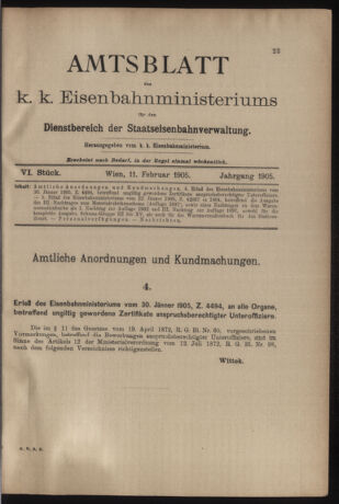 Verordnungs- und Anzeige-Blatt der k.k. General-Direction der österr. Staatsbahnen 19050211 Seite: 1