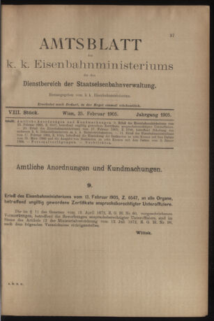 Verordnungs- und Anzeige-Blatt der k.k. General-Direction der österr. Staatsbahnen 19050225 Seite: 1