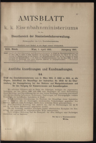 Verordnungs- und Anzeige-Blatt der k.k. General-Direction der österr. Staatsbahnen 19050401 Seite: 1