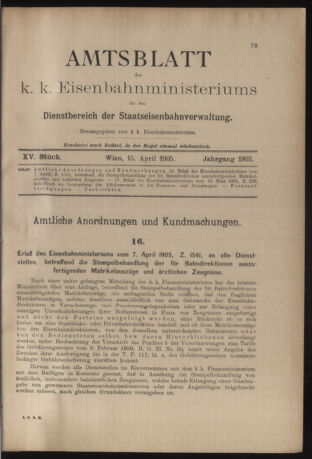 Verordnungs- und Anzeige-Blatt der k.k. General-Direction der österr. Staatsbahnen 19050415 Seite: 1