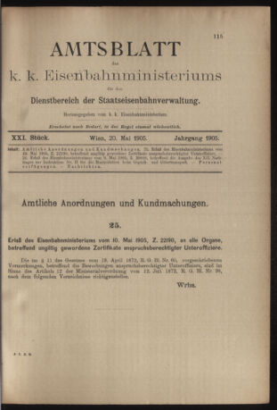 Verordnungs- und Anzeige-Blatt der k.k. General-Direction der österr. Staatsbahnen 19050520 Seite: 1