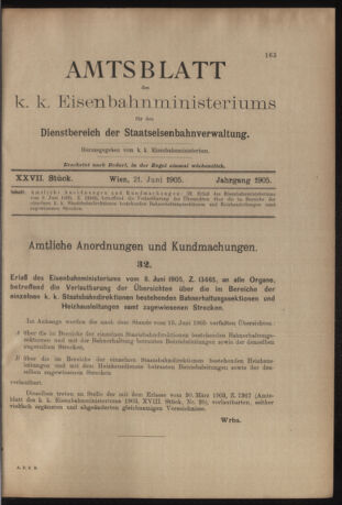 Verordnungs- und Anzeige-Blatt der k.k. General-Direction der österr. Staatsbahnen 19050621 Seite: 1