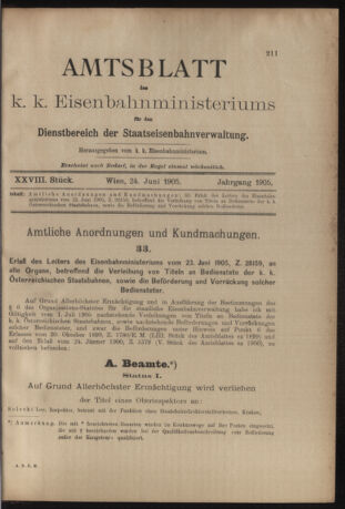 Verordnungs- und Anzeige-Blatt der k.k. General-Direction der österr. Staatsbahnen 19050624 Seite: 1