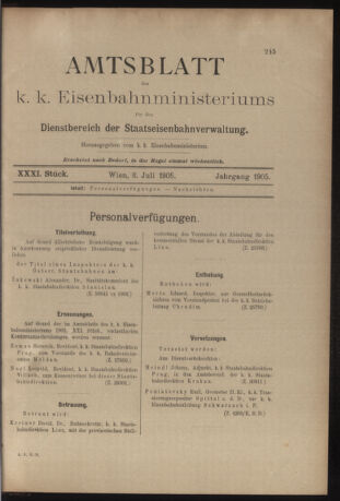 Verordnungs- und Anzeige-Blatt der k.k. General-Direction der österr. Staatsbahnen 19050708 Seite: 1