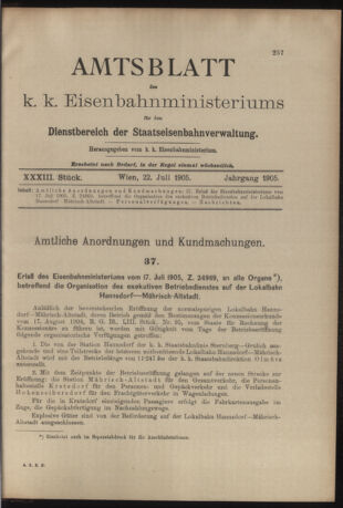 Verordnungs- und Anzeige-Blatt der k.k. General-Direction der österr. Staatsbahnen 19050722 Seite: 1