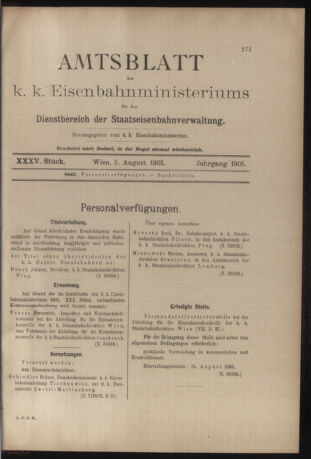 Verordnungs- und Anzeige-Blatt der k.k. General-Direction der österr. Staatsbahnen 19050805 Seite: 1