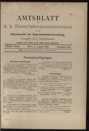 Verordnungs- und Anzeige-Blatt der k.k. General-Direction der österr. Staatsbahnen 19050812 Seite: 1