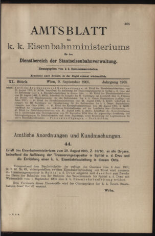 Verordnungs- und Anzeige-Blatt der k.k. General-Direction der österr. Staatsbahnen 19050909 Seite: 1