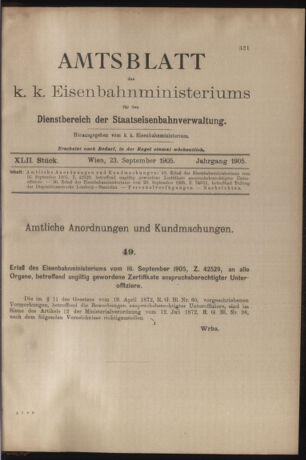 Verordnungs- und Anzeige-Blatt der k.k. General-Direction der österr. Staatsbahnen 19050923 Seite: 1