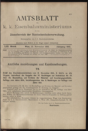 Verordnungs- und Anzeige-Blatt der k.k. General-Direction der österr. Staatsbahnen 19051125 Seite: 1