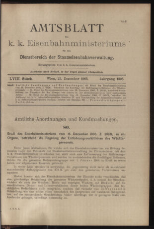 Verordnungs- und Anzeige-Blatt der k.k. General-Direction der österr. Staatsbahnen 19051223 Seite: 1