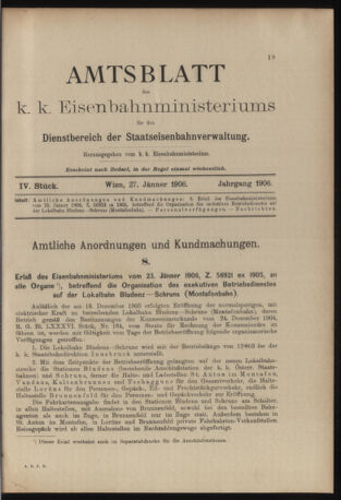 Verordnungs- und Anzeige-Blatt der k.k. General-Direction der österr. Staatsbahnen 19060127 Seite: 1