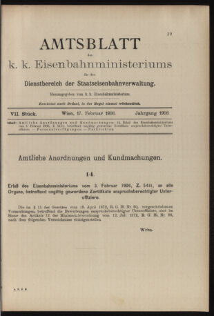 Verordnungs- und Anzeige-Blatt der k.k. General-Direction der österr. Staatsbahnen 19060217 Seite: 1