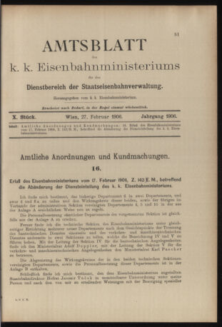 Verordnungs- und Anzeige-Blatt der k.k. General-Direction der österr. Staatsbahnen 19060227 Seite: 1