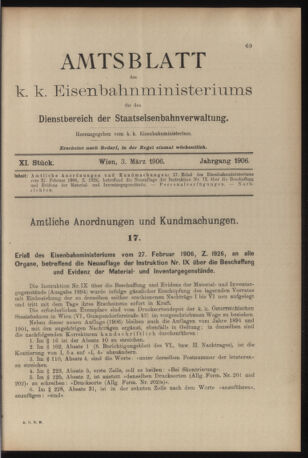 Verordnungs- und Anzeige-Blatt der k.k. General-Direction der österr. Staatsbahnen 19060303 Seite: 1