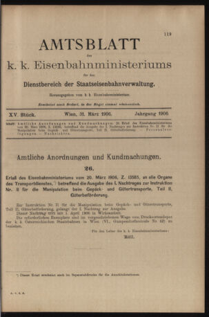 Verordnungs- und Anzeige-Blatt der k.k. General-Direction der österr. Staatsbahnen 19060331 Seite: 1