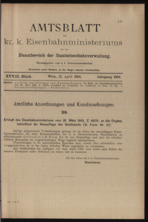 Verordnungs- und Anzeige-Blatt der k.k. General-Direction der österr. Staatsbahnen 19060421 Seite: 1