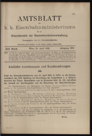 Verordnungs- und Anzeige-Blatt der k.k. General-Direction der österr. Staatsbahnen 19060428 Seite: 1