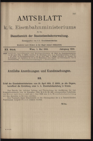 Verordnungs- und Anzeige-Blatt der k.k. General-Direction der österr. Staatsbahnen 19060505 Seite: 1