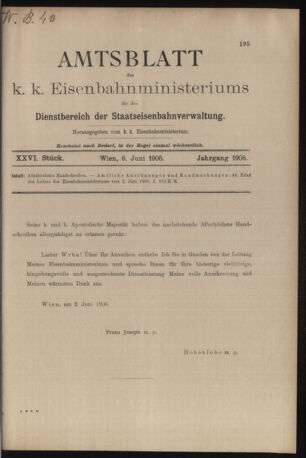 Verordnungs- und Anzeige-Blatt der k.k. General-Direction der österr. Staatsbahnen 19060606 Seite: 1