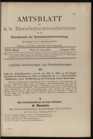 Verordnungs- und Anzeige-Blatt der k.k. General-Direction der österr. Staatsbahnen 19060628 Seite: 1