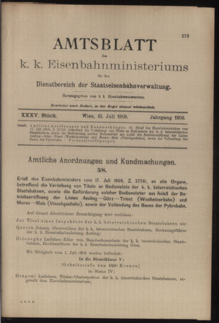 Verordnungs- und Anzeige-Blatt der k.k. General-Direction der österr. Staatsbahnen 19060718 Seite: 1