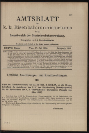 Verordnungs- und Anzeige-Blatt der k.k. General-Direction der österr. Staatsbahnen 19060728 Seite: 1