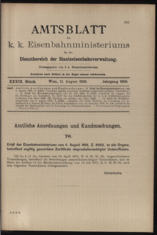 Verordnungs- und Anzeige-Blatt der k.k. General-Direction der österr. Staatsbahnen 19060811 Seite: 1