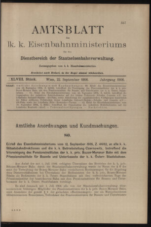 Verordnungs- und Anzeige-Blatt der k.k. General-Direction der österr. Staatsbahnen 19060922 Seite: 1