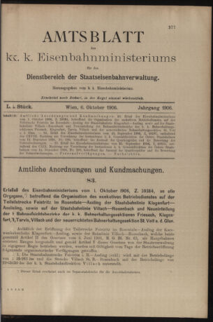 Verordnungs- und Anzeige-Blatt der k.k. General-Direction der österr. Staatsbahnen 19061006 Seite: 1