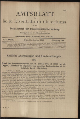 Verordnungs- und Anzeige-Blatt der k.k. General-Direction der österr. Staatsbahnen 19061020 Seite: 1