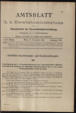 Verordnungs- und Anzeige-Blatt der k.k. General-Direction der österr. Staatsbahnen 19061110 Seite: 1