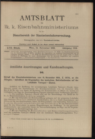 Verordnungs- und Anzeige-Blatt der k.k. General-Direction der österr. Staatsbahnen 19061124 Seite: 1