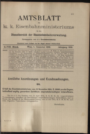 Verordnungs- und Anzeige-Blatt der k.k. General-Direction der österr. Staatsbahnen 19061201 Seite: 1