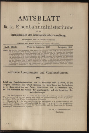 Verordnungs- und Anzeige-Blatt der k.k. General-Direction der österr. Staatsbahnen 19061207 Seite: 1