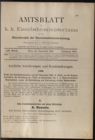 Verordnungs- und Anzeige-Blatt der k.k. General-Direction der österr. Staatsbahnen 19061222 Seite: 1