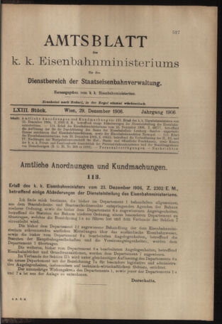 Verordnungs- und Anzeige-Blatt der k.k. General-Direction der österr. Staatsbahnen 19061229 Seite: 1