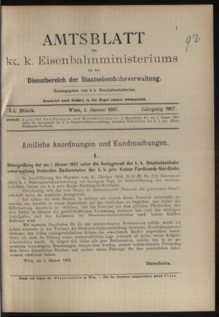 Verordnungs- und Anzeige-Blatt der k.k. General-Direction der österr. Staatsbahnen 19070101 Seite: 1