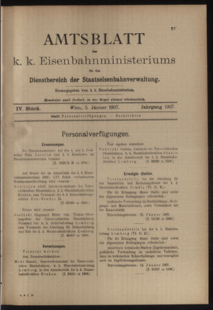 Verordnungs- und Anzeige-Blatt der k.k. General-Direction der österr. Staatsbahnen 19070105 Seite: 1