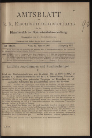 Verordnungs- und Anzeige-Blatt der k.k. General-Direction der österr. Staatsbahnen 19070119 Seite: 1