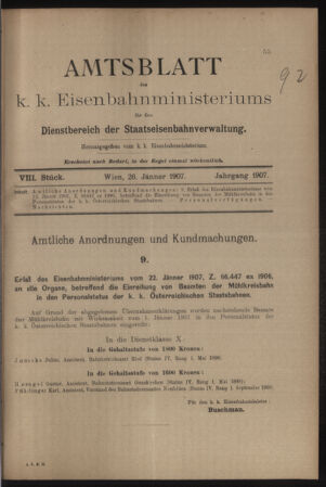 Verordnungs- und Anzeige-Blatt der k.k. General-Direction der österr. Staatsbahnen 19070126 Seite: 1