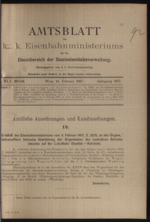 Verordnungs- und Anzeige-Blatt der k.k. General-Direction der österr. Staatsbahnen 19070216 Seite: 1