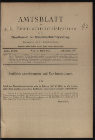 Verordnungs- und Anzeige-Blatt der k.k. General-Direction der österr. Staatsbahnen 19070302 Seite: 1