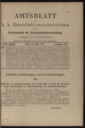 Verordnungs- und Anzeige-Blatt der k.k. General-Direction der österr. Staatsbahnen 19070330 Seite: 1