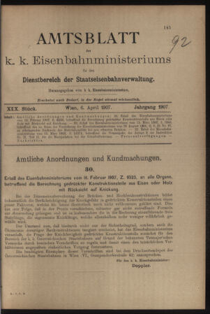 Verordnungs- und Anzeige-Blatt der k.k. General-Direction der österr. Staatsbahnen 19070406 Seite: 1