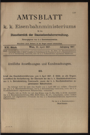 Verordnungs- und Anzeige-Blatt der k.k. General-Direction der österr. Staatsbahnen 19070416 Seite: 1