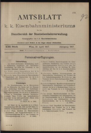 Verordnungs- und Anzeige-Blatt der k.k. General-Direction der österr. Staatsbahnen 19070420 Seite: 1