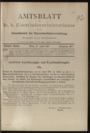 Verordnungs- und Anzeige-Blatt der k.k. General-Direction der österr. Staatsbahnen 19070427 Seite: 1