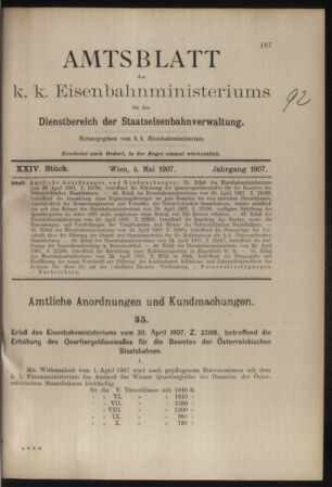 Verordnungs- und Anzeige-Blatt der k.k. General-Direction der österr. Staatsbahnen 19070504 Seite: 1