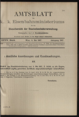 Verordnungs- und Anzeige-Blatt der k.k. General-Direction der österr. Staatsbahnen 19070511 Seite: 1